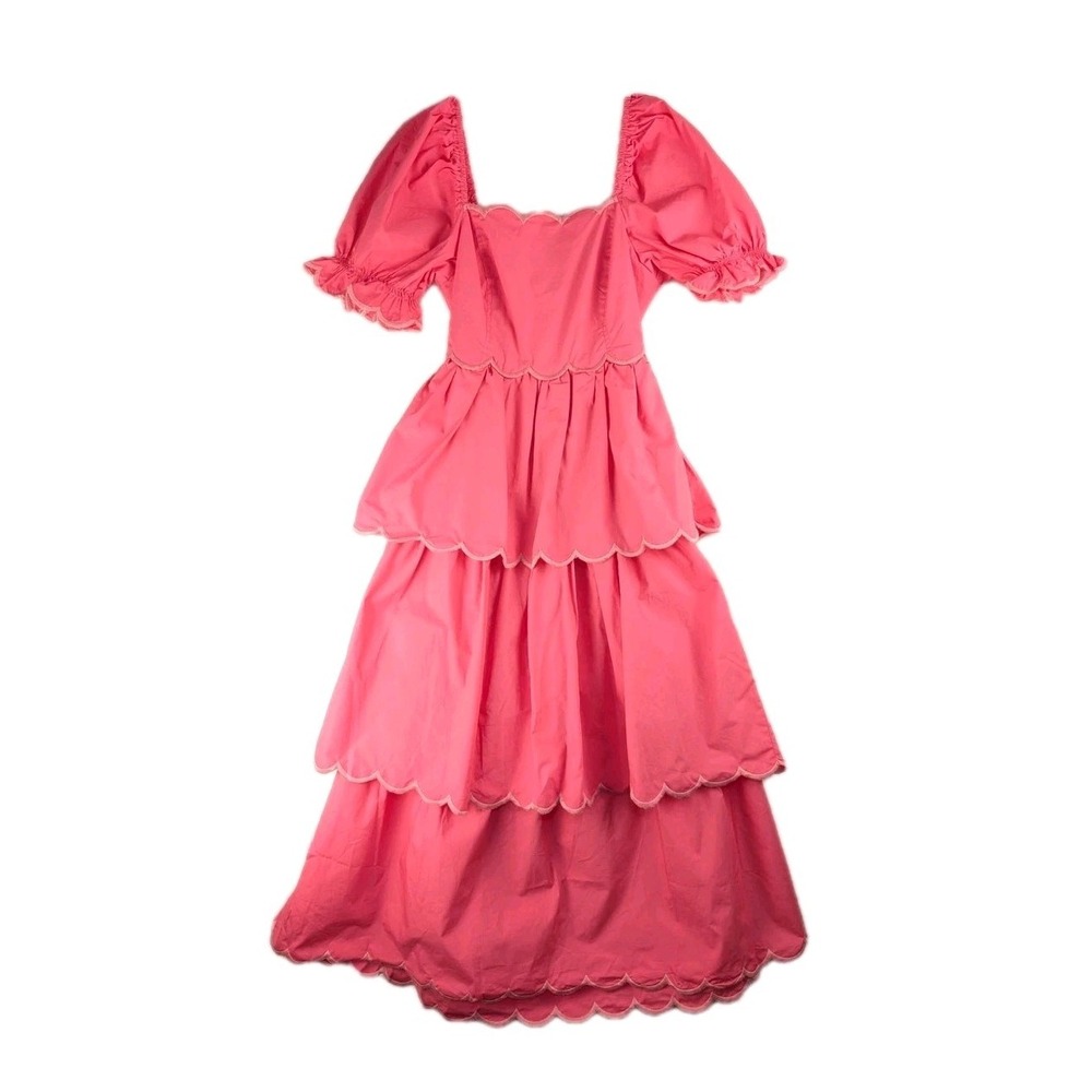 English Factory Tiered Maxi Dress Womens Size S Pink Scalloped Open Back SS157D